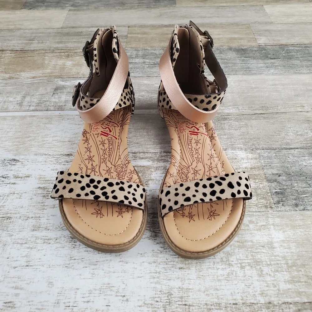 Blowfish Malibu Belia Girls Flat Sandal Sz 4 Tan Leopard Back Zip Ankle Strap